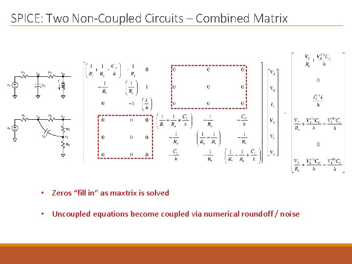 SPICE: Two Non-Coupled Circuits – Combined Matrix • Zeros “fill in” as maxtrix is