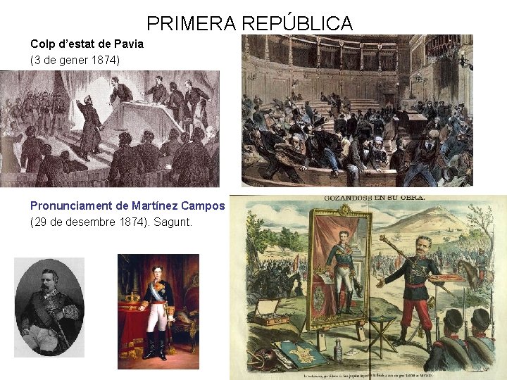 PRIMERA REPÚBLICA Colp d’estat de Pavia (3 de gener 1874) Pronunciament de Martínez Campos