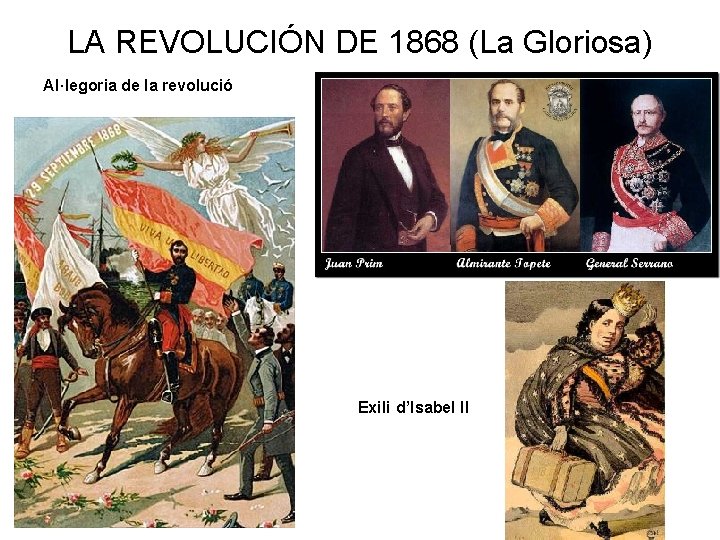 LA REVOLUCIÓN DE 1868 (La Gloriosa) Al·legoria de la revolució Exili d’Isabel II 