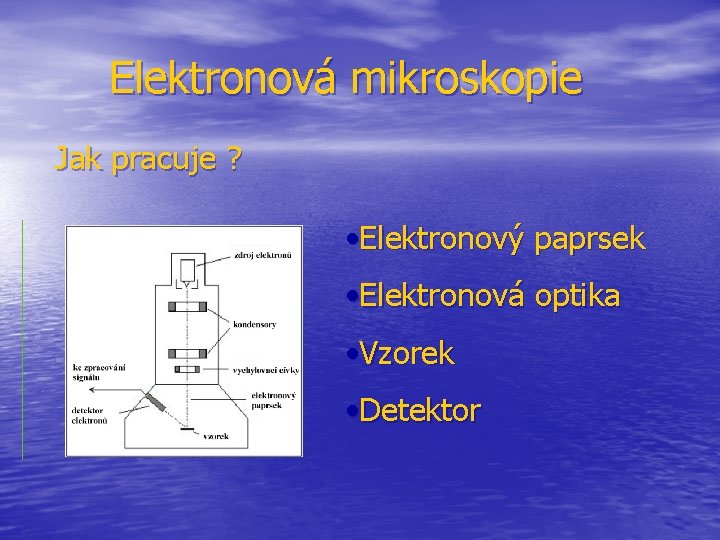 Elektronová mikroskopie Jak pracuje ? • Elektronový paprsek • Elektronová optika • Vzorek •