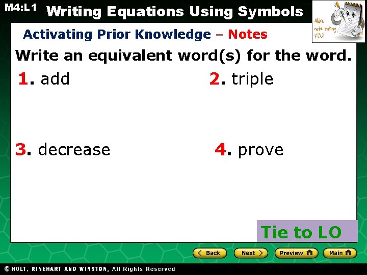 M 4: L 1 Writing Equations Using Symbols Activating Prior Knowledge – Notes Write