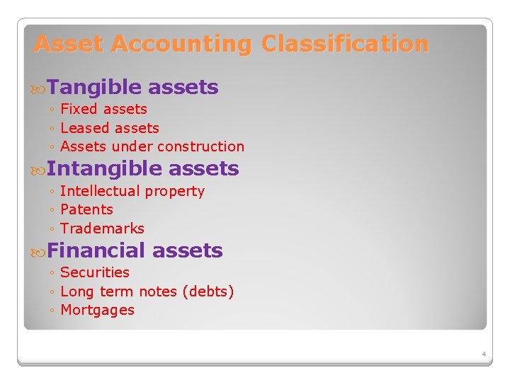 Asset Accounting Classification Tangible assets ◦ Fixed assets ◦ Leased assets ◦ Assets under