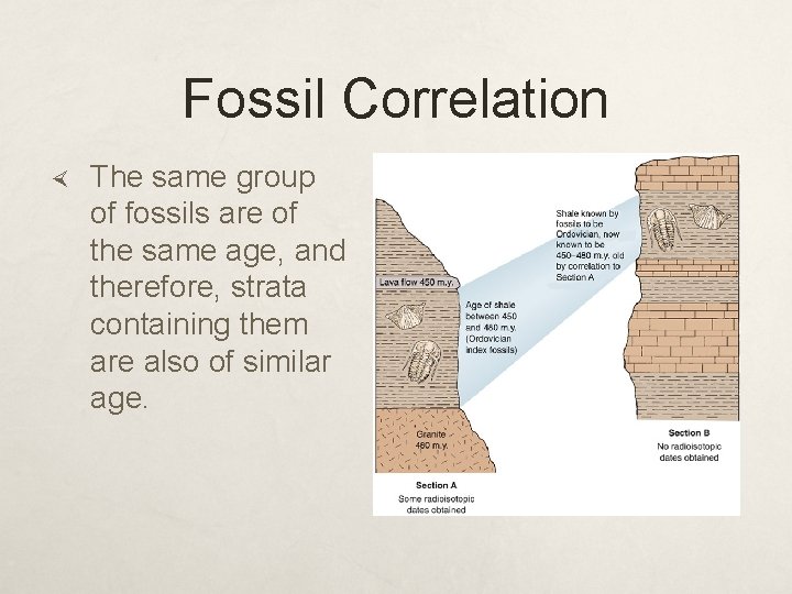 Fossil Correlation The same group of fossils are of the same age, and therefore,