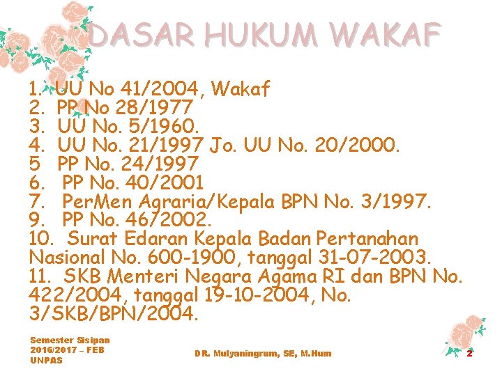 DASAR HUKUM WAKAF 1. UU No 41/2004, Wakaf 2. PP No 28/1977 3. UU