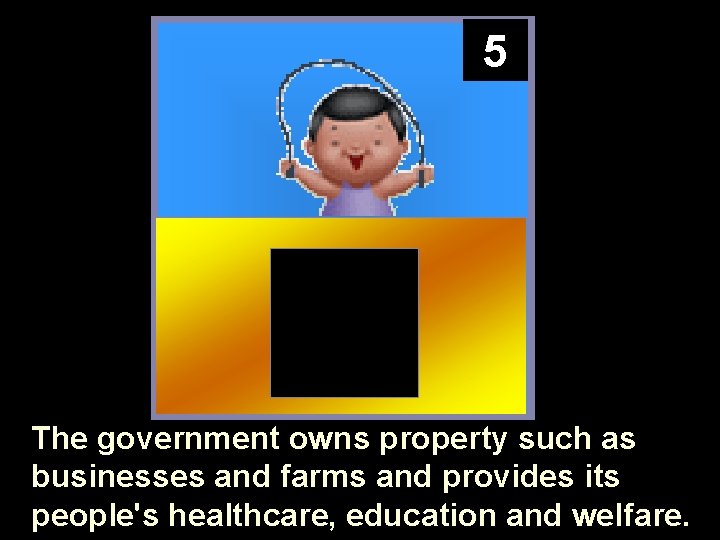 5 The government owns property such as businesses and farms and provides its people's