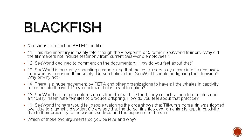 § Questions to reflect on AFTER the film: § 11. This documentary is mainly