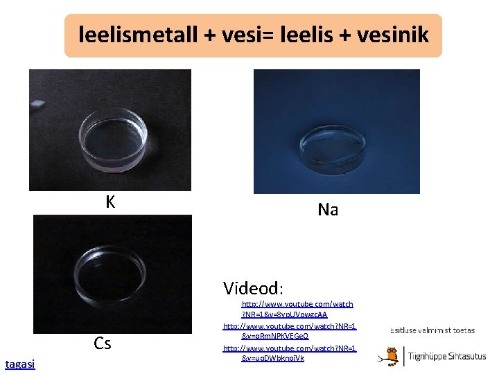 leelismetall + vesi= leelis + vesinik K Na Na Videod: Cs tagasi http: //www.