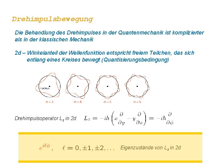 Drehimpulsbewegung Die Behandlung des Drehimpulses in der Quantenmechanik ist komplizierter als in der klassischen