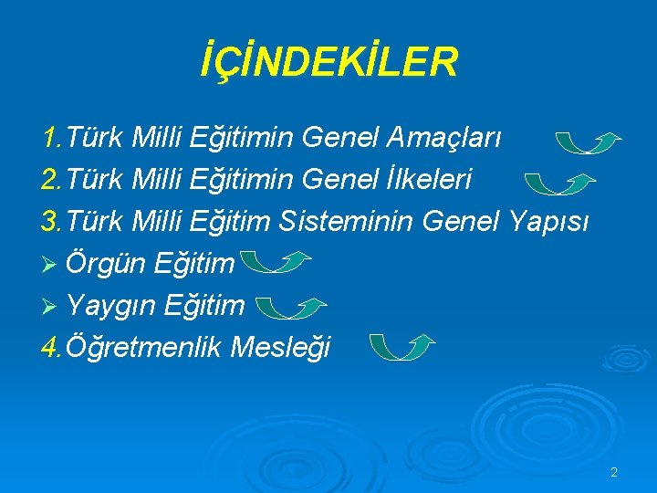 İÇİNDEKİLER 1. Türk Milli Eğitimin Genel Amaçları 2. Türk Milli Eğitimin Genel İlkeleri 3.