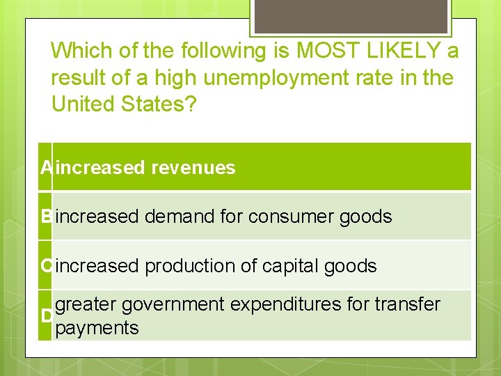 Which of the following is MOST LIKELY a result of a high unemployment rate