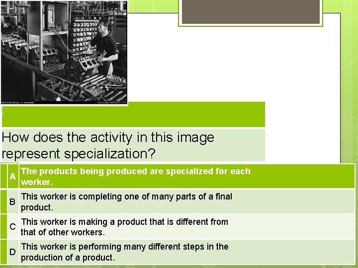 3 3 How does the activity in this image represent specialization? A The products