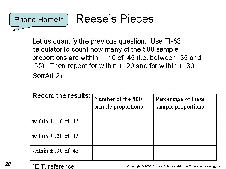 Phone Home!* Reese’s Pieces Let us quantify the previous question. Use TI-83 calculator to