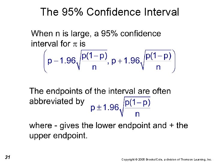 The 95% Confidence Interval 31 Copyright © 2005 Brooks/Cole, a division of Thomson Learning,