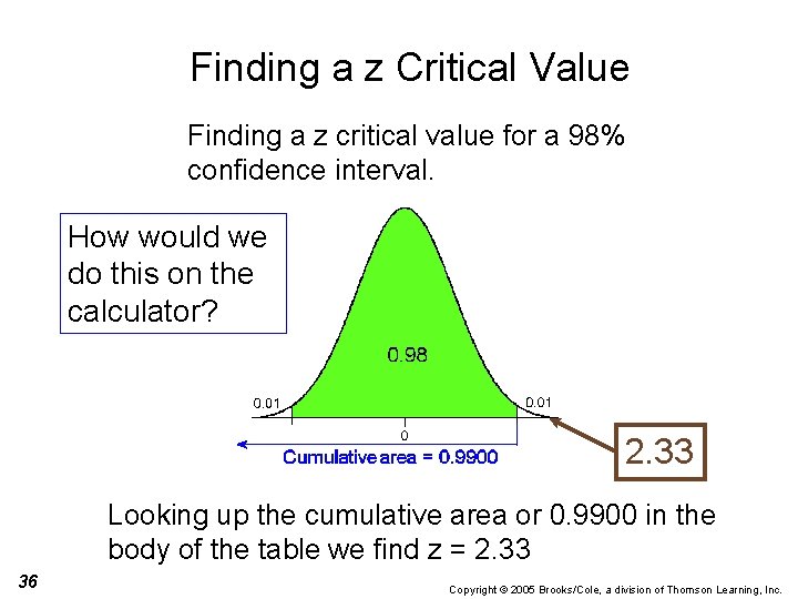 Finding a z Critical Value Finding a z critical value for a 98% confidence