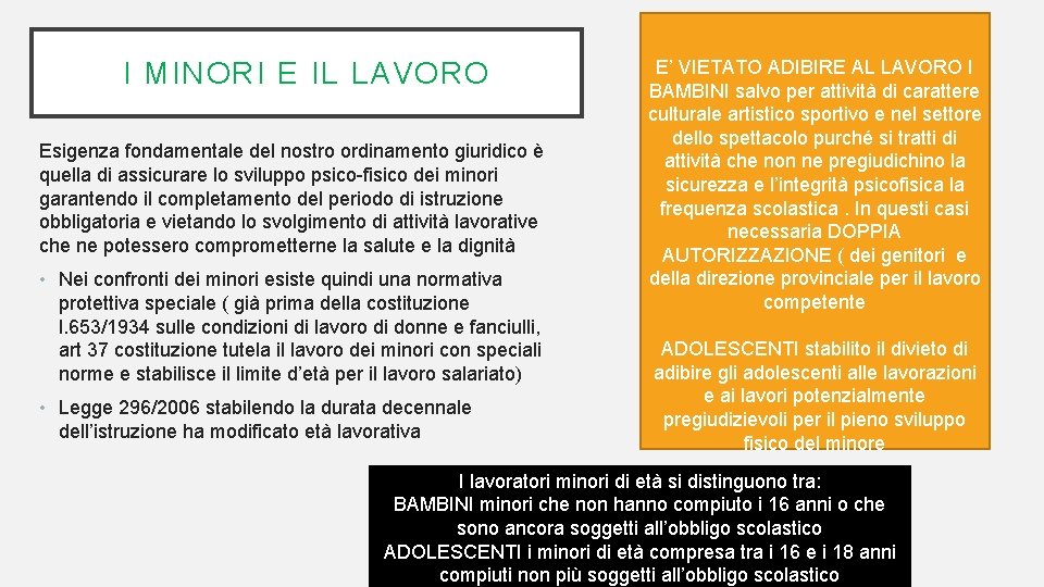 I MINORI E IL LAVORO Esigenza fondamentale del nostro ordinamento giuridico è quella di