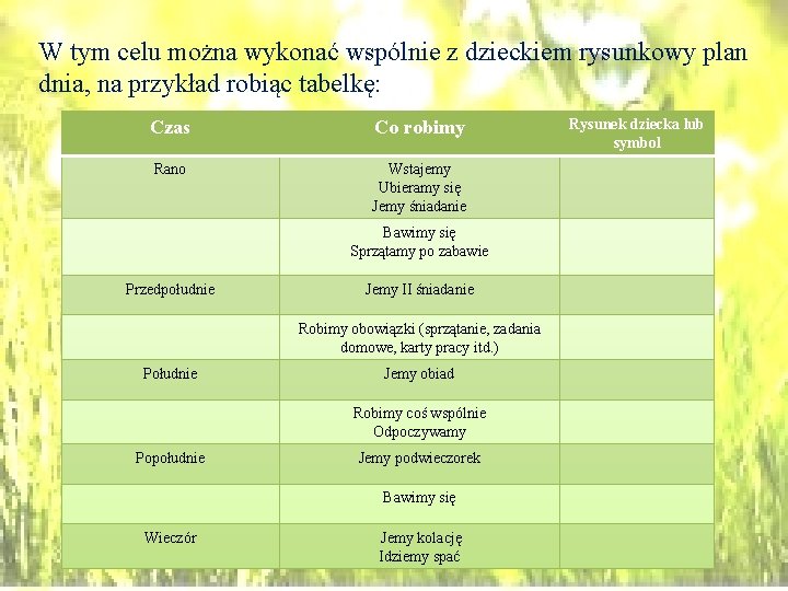 W tym celu można wykonać wspólnie z dzieckiem rysunkowy plan dnia, na przykład robiąc