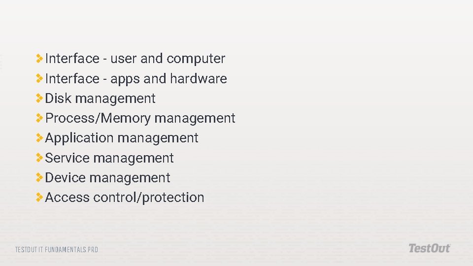 Interface - user and computer Interface - apps and hardware Disk management Process/Memory management