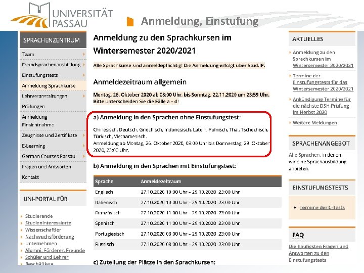 Anmeldung, Einstufung Anmeldung, Einstufung