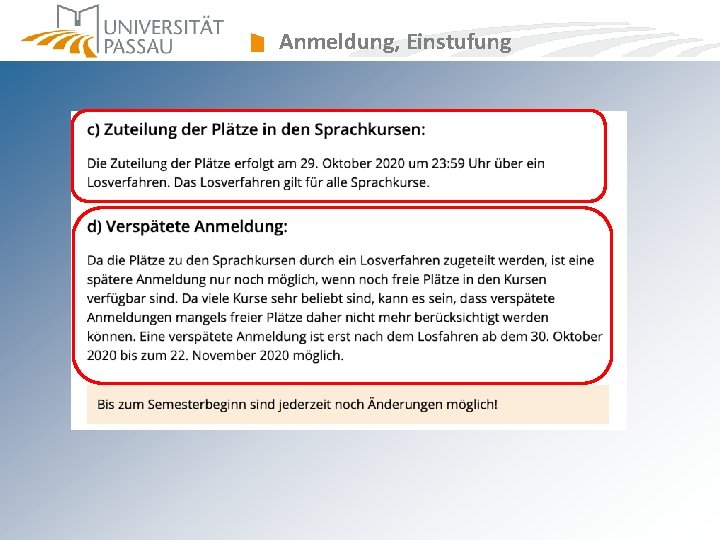 Anmeldung, Einstufung Anmeldung, Einstufung