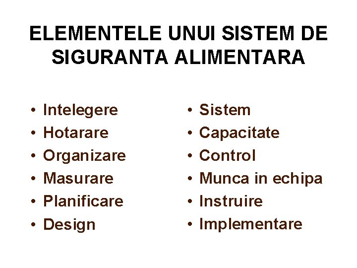 ELEMENTELE UNUI SISTEM DE SIGURANTA ALIMENTARA • • • Intelegere Hotarare Organizare Masurare Planificare