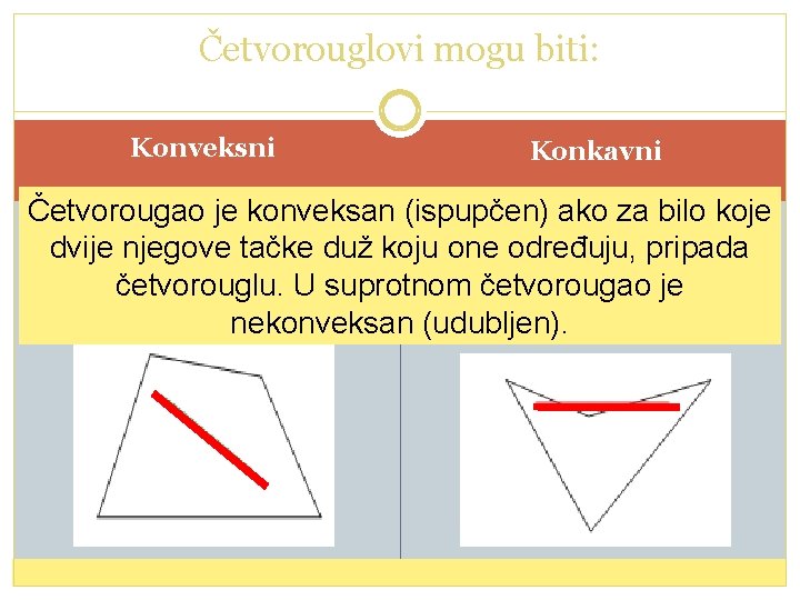 Četvorouglovi mogu biti: Konveksni Konkavni Četvorougao je konveksan (ispupčen) ako za bilo koje dvije