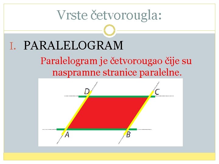 Vrste četvorougla: I. PARALELOGRAM Paralelogram je četvorougao čije su naspramne stranice paralelne. 