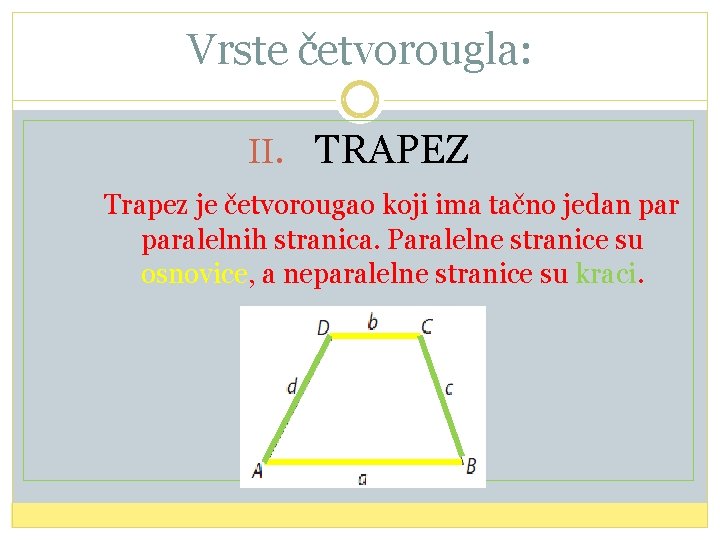 Vrste četvorougla: II. TRAPEZ Trapez je četvorougao koji ima tačno jedan paralelnih stranica. Paralelne