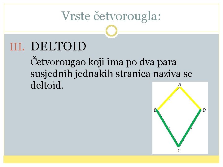 Vrste četvorougla: III. DELTOID Četvorougao koji ima po dva para susjednih jednakih stranica naziva