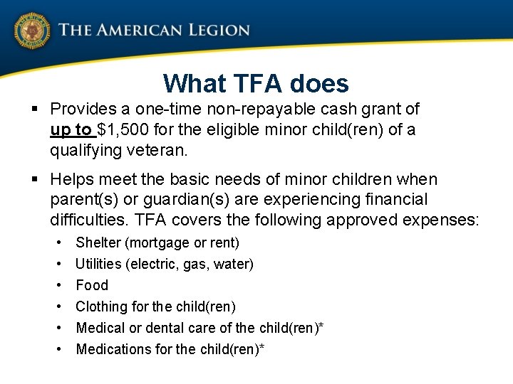 What TFA does § Provides a one-time non-repayable cash grant of up to $1,