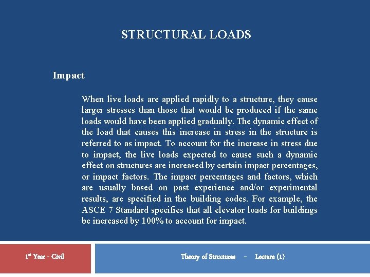 STRUCTURAL LOADS Impact When live loads are applied rapidly to a structure, they cause