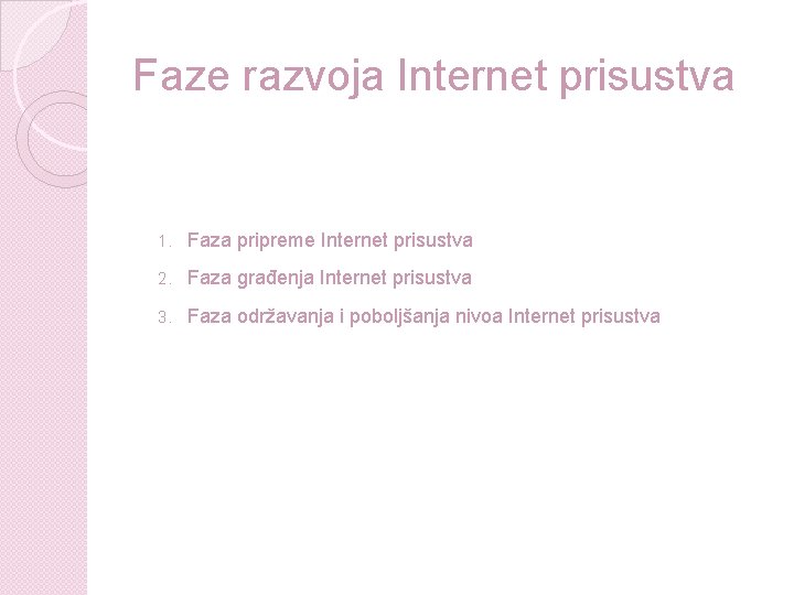 Faze razvoja Internet prisustva 1. Faza pripreme Internet prisustva 2. Faza građenja Internet prisustva Faze razvoja Internet prisustva 1. Faza pripreme Internet prisustva 2. Faza građenja Internet prisustva