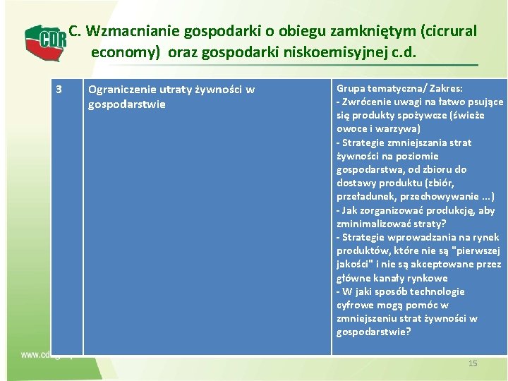 C. Wzmacnianie gospodarki o obiegu zamkniętym (cicrural economy) oraz gospodarki niskoemisyjnej c. d. 3