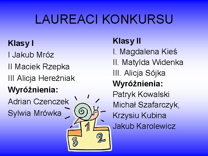 LAUREACI KONKURSU Klasy I I Jakub Mróz II Maciek Rzepka III Alicja Hereźniak Wyróżnienia: