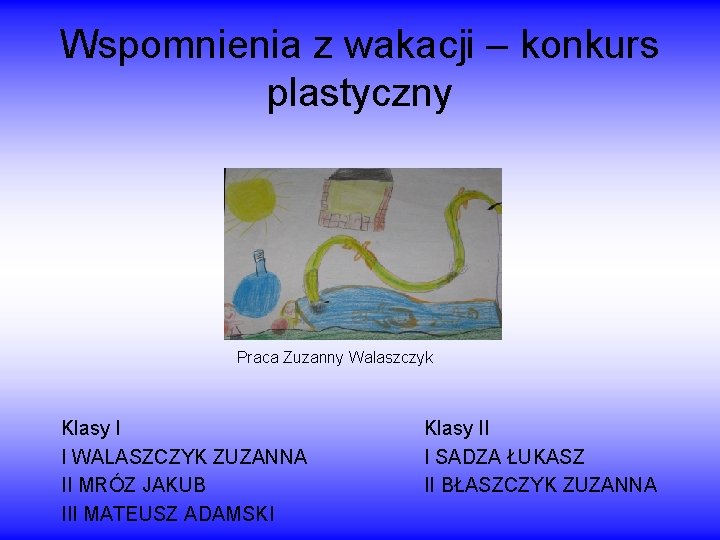 Wspomnienia z wakacji – konkurs plastyczny Praca Zuzanny Walaszczyk Klasy I I WALASZCZYK ZUZANNA