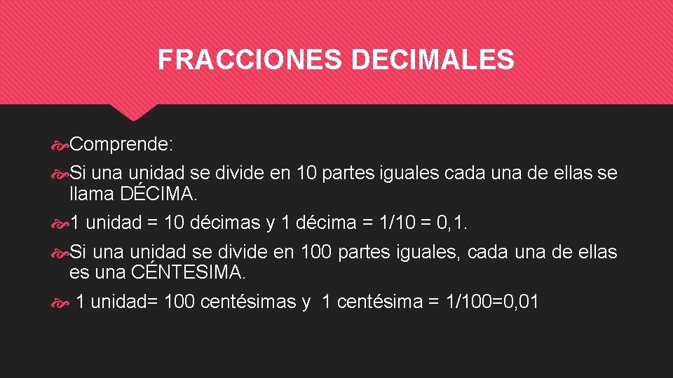 FRACCIONES DECIMALES Comprende: Si una unidad se divide en 10 partes iguales cada una
