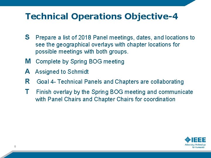 Technical Operations Objective-4 S Prepare a list of 2018 Panel meetings, dates, and locations