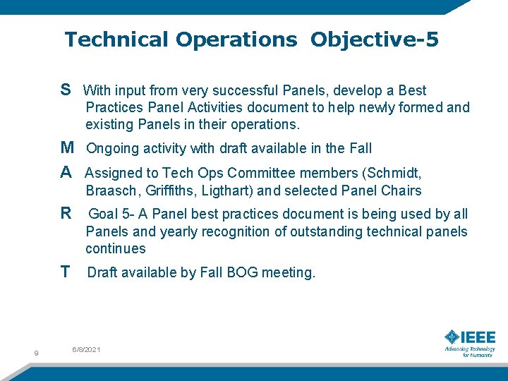 Technical Operations Objective-5 S With input from very successful Panels, develop a Best Practices