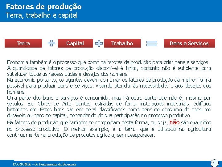 Fatores de produção Terra, trabalho e capital Terra Capital Trabalho Bens e Serviços Economia