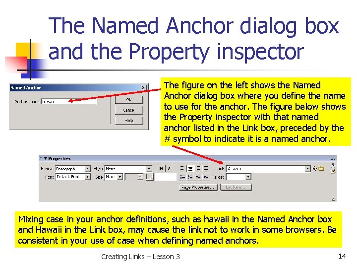 The Named Anchor dialog box and the Property inspector The figure on the left