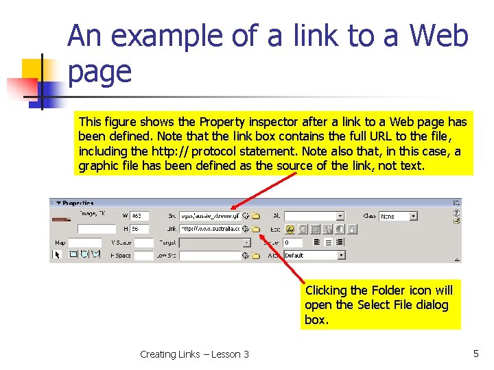 An example of a link to a Web page This figure shows the Property