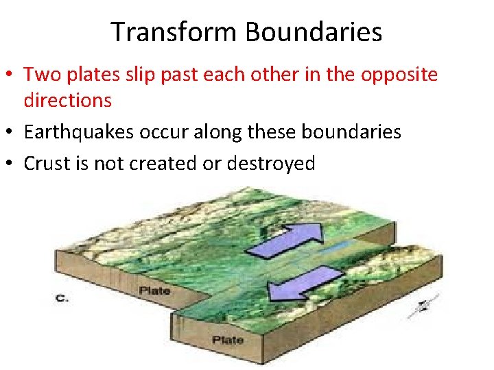 Transform Boundaries • Two plates slip past each other in the opposite directions •