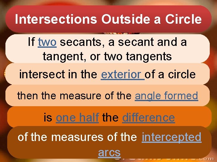 Intersections Outside a Circle If two secants, a secant and a tangent, or two