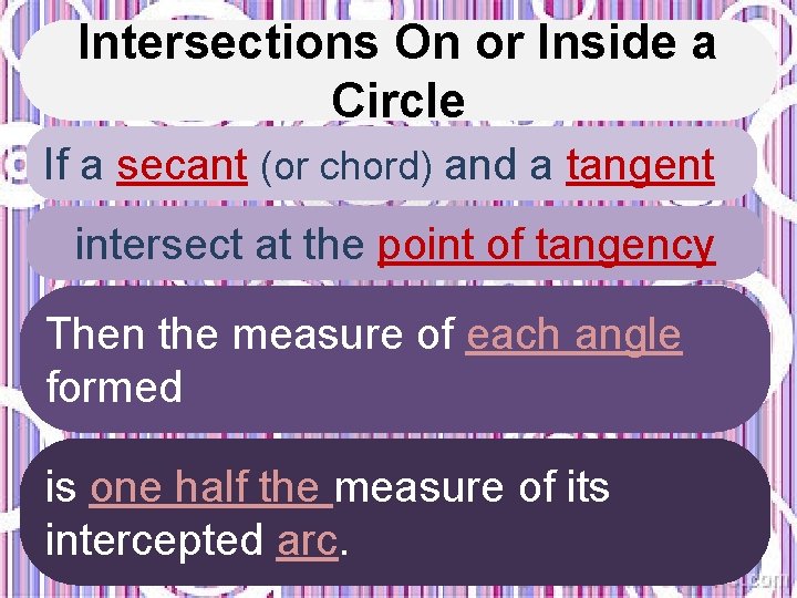 Intersections On or Inside a Circle If a secant (or chord) and a tangent