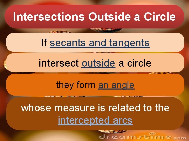 Intersections Outside a Circle If secants and tangents intersect outside a circle they form