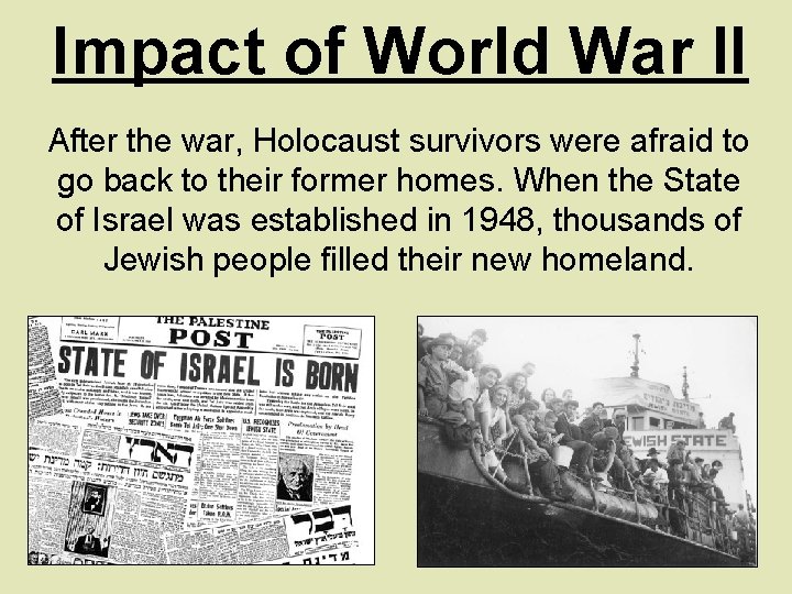 Impact of World War II After the war, Holocaust survivors were afraid to go
