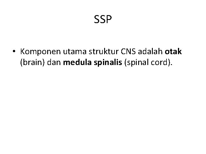 SSP • Komponen utama struktur CNS adalah otak (brain) dan medula spinalis (spinal cord).