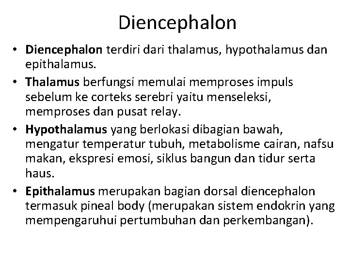 Diencephalon • Diencephalon terdiri dari thalamus, hypothalamus dan epithalamus. • Thalamus berfungsi memulai memproses