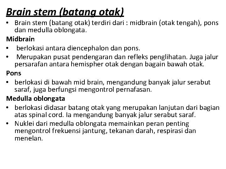 Brain stem (batang otak) • Brain stem (batang otak) terdiri dari : midbrain (otak