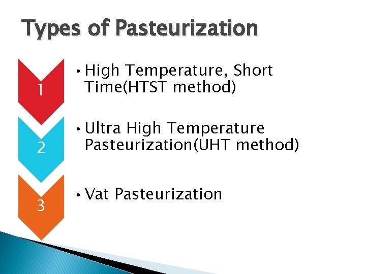 Types of Pasteurization 1 • High Temperature, Short Time(HTST method) 2 • Ultra High