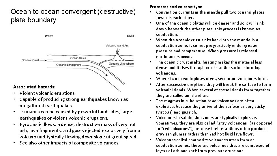 Ocean to ocean convergent (destructive) plate boundary Associated hazards: • Violent volcanic eruptions •